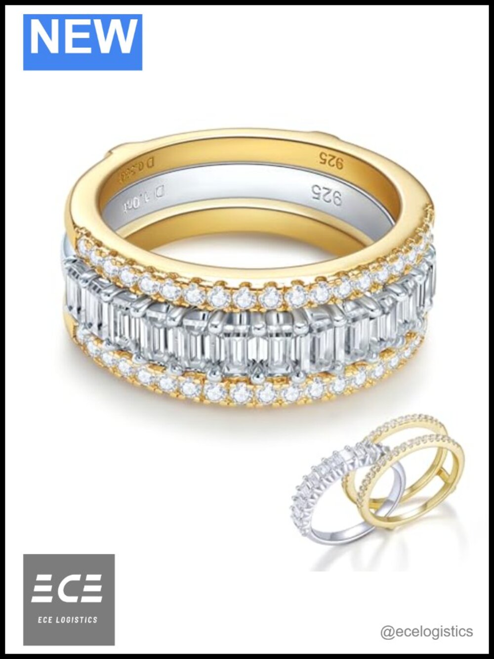 Moissanite Stackable Ring Set 14K Gold Plated S925 Sterling Silver Wedding Bands